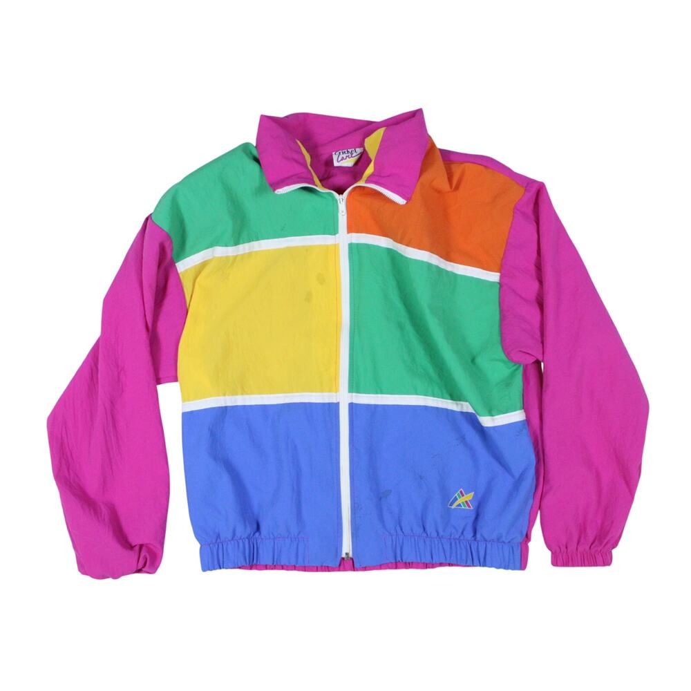 Vintage rainbow colorblock jacket zip up 80s 90s geometric pink loud bright flaw
